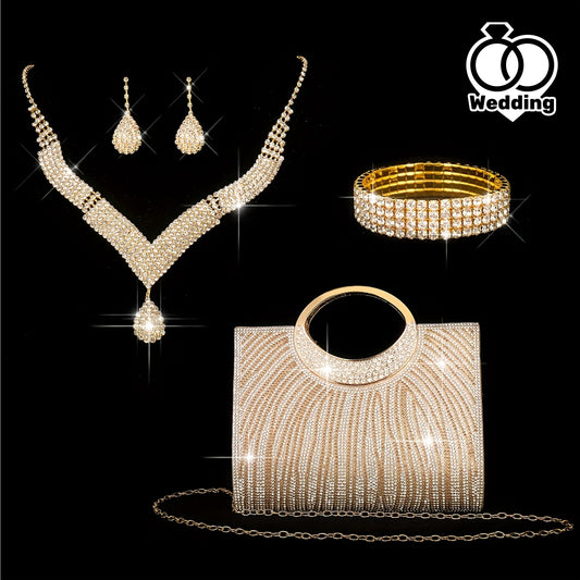 4pcs Set New Fashion Dinner Bag Sparkly Rhinestone Striped Tote Wedding Bridesmaid Bag Gala Dress Bag Shoulder Bag Wedding Season Sparkling Water Brick Necklace Earrings Bracelet Set