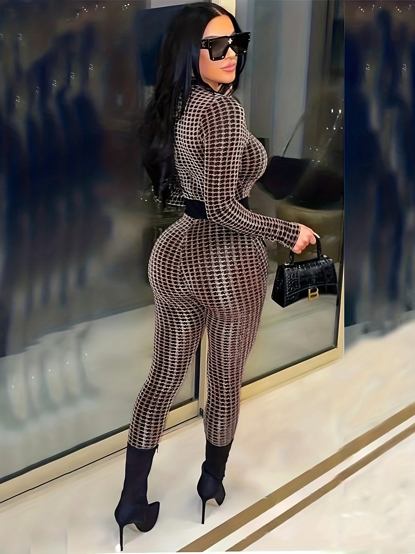 Allover Print Bodycon Jumpsuit, Casual Button Front Long Sleeve Jumpsuit, Women's Clothing