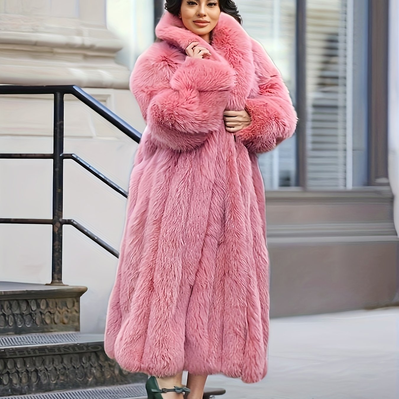 Plus Size - Plus Size Long Faux Rabbit Coat for Women | Stylish and Casual with Elegant Vibe, Non-Stretch Fabric, Lapel Collar, Solid Color, Regular Sleeve, Long Length, Fall/Winter Season