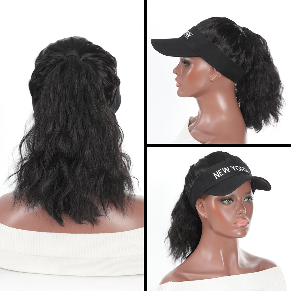 [Adjustable Baseball Cap] 1pc Adjustable Black Baseball Cap - Women's Synthetic Hair Visor Hat with Detachable Ponytail for Outdoor Sports and Fashion
