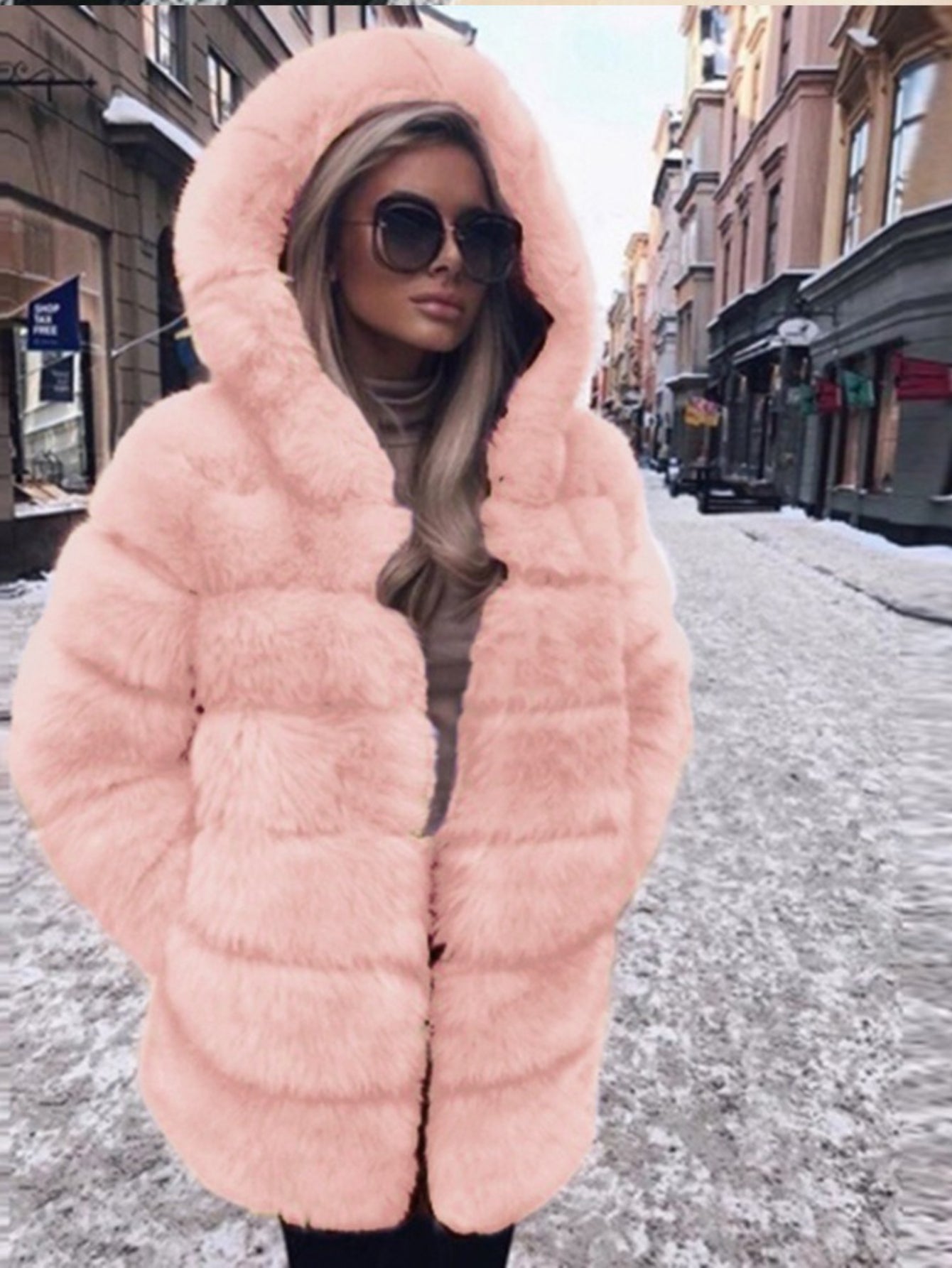 Plus Size, HERTALK Women's Plus Size Pink Faux Fox Fur Coat - Hooded Winter Jacket with Collar, H-Line Silhouette & Full-Length Hem Slit - Luxurious Imitation Fur Outerwear (Pink/) - Machine Washable