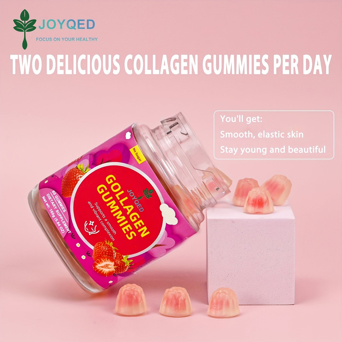 Joyofed Strawberry Flavored Collagen Gummies for Women - Sugar-Free, Vitamin-Rich, Hydrating Formula for Smooth, Radiant Skin, 60 Count (30-Day Supply), BPA & Soy-Free, Natural Ingredients for Healthy Glow