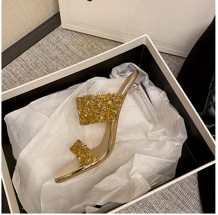 [Glittery Heels] Glittery Rhinestone Block Heel Shoes for Women | 7cm High Heel, Durable Rubber Sole, Comfortable & Stylish for Summer, Sequin Embellished Dress Shoes