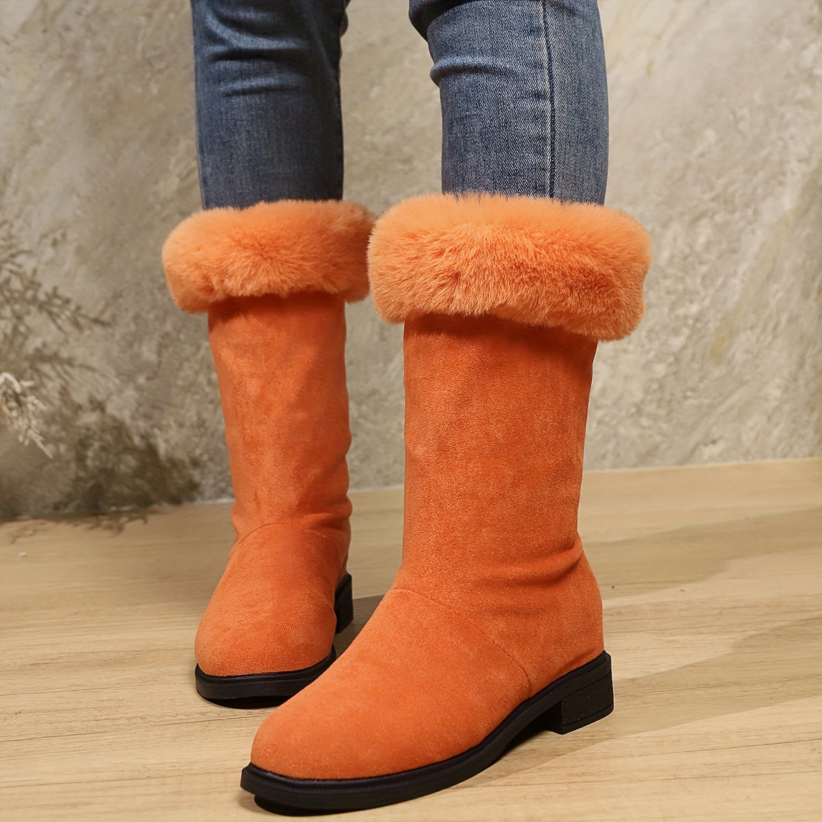 Ladies' Fashion Classic Plush Women'S Boots | Soft Touch, Winter Warm Comfort, Slip-on, Platform Heel, Mid Heel Height