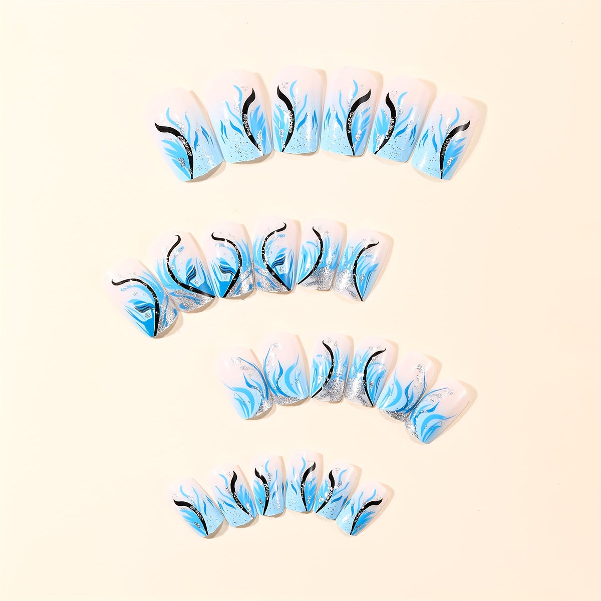 24pcs Full Coverage False Nails Press - Gradient Blue Ombre Square Medium Length with Irregular Plant Line Designs & Shiny Glossy, Nail Art Suitable for Women for Daily Wear & Parties