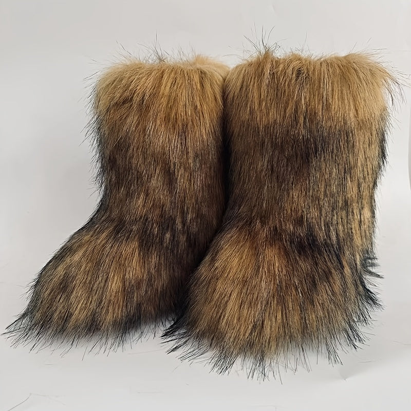 [Faux Fur Boots] Black Faux Fur Women's Mid-Calf Boots | Round Toe, Flat Heel, Casual Platform Boots for All Seasons, Stylish Winter Footwear