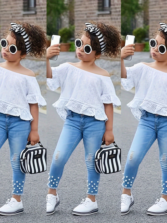 1-6 Years Toddler Girl Denim Pant Clothes Set 2pcs Off Shoulder Tops+Beading Denim Pants Baby Summer Outfits, for Outdoor