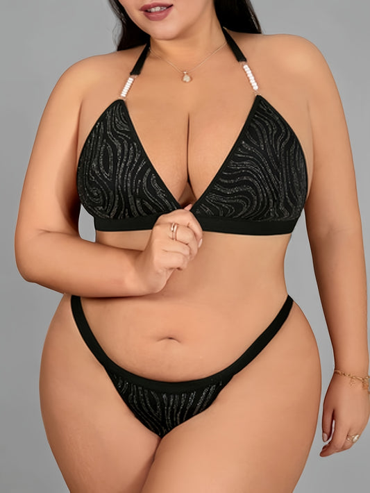 Plus Size Bra And Panty Set With Front Closure, Printed Lace & Low-Cut Sexy Lingerie Set