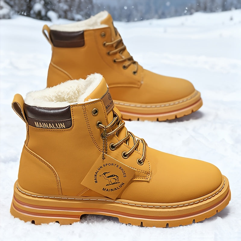 Men'S Winter High-Top Thermal Boots with Thick PVC Sole & Lace-Up Closure - Heavy-Duty All-Terrain Traction, Warm & Arch Support, Round Toe Design For Snow, Ice, Mud - Casual Outdoor Hiking Boots (brown) - Ideal For Cold Weat