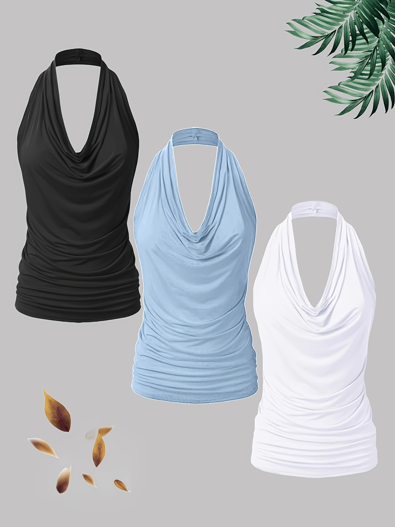 Plus Size, New Fashion Women's Casual Solid Color Halter Neck Large Size Vest Set