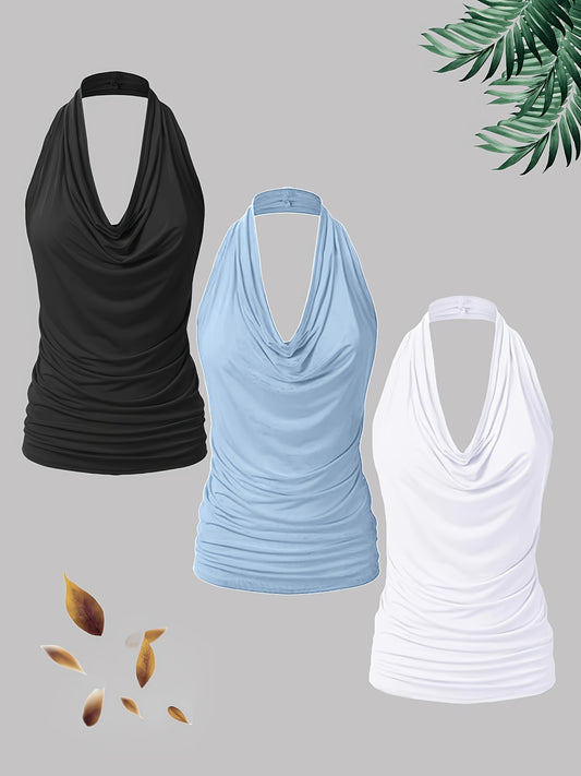 Plus Size, New Fashion Women's Casual Solid Color Halter Neck Large Size Vest Set