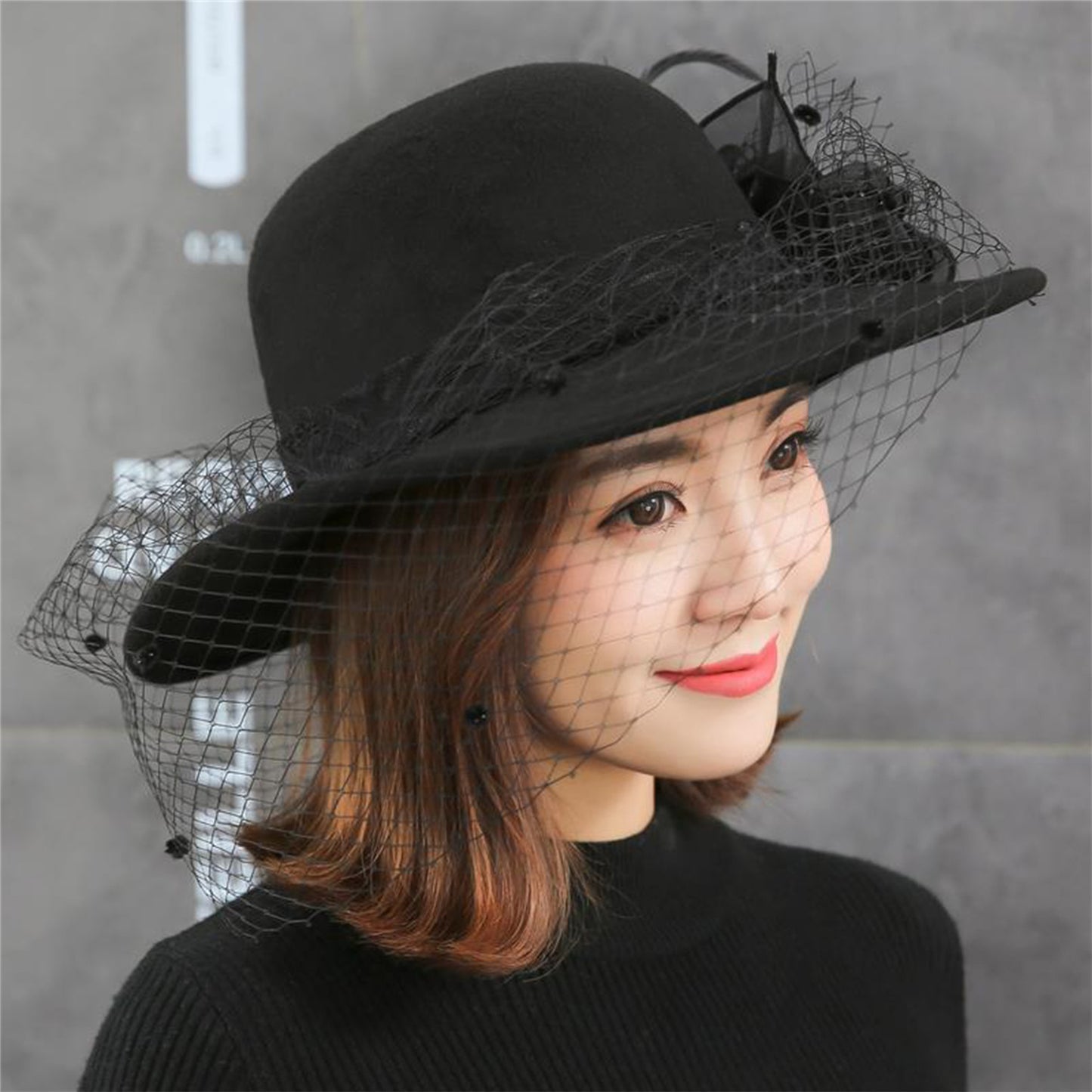 Women's Wide Brim Fedora Hat with Black Lace Veil & Floral Decor - Non- Derby Cap for Church, Bridal Tea Party, Formal Events
