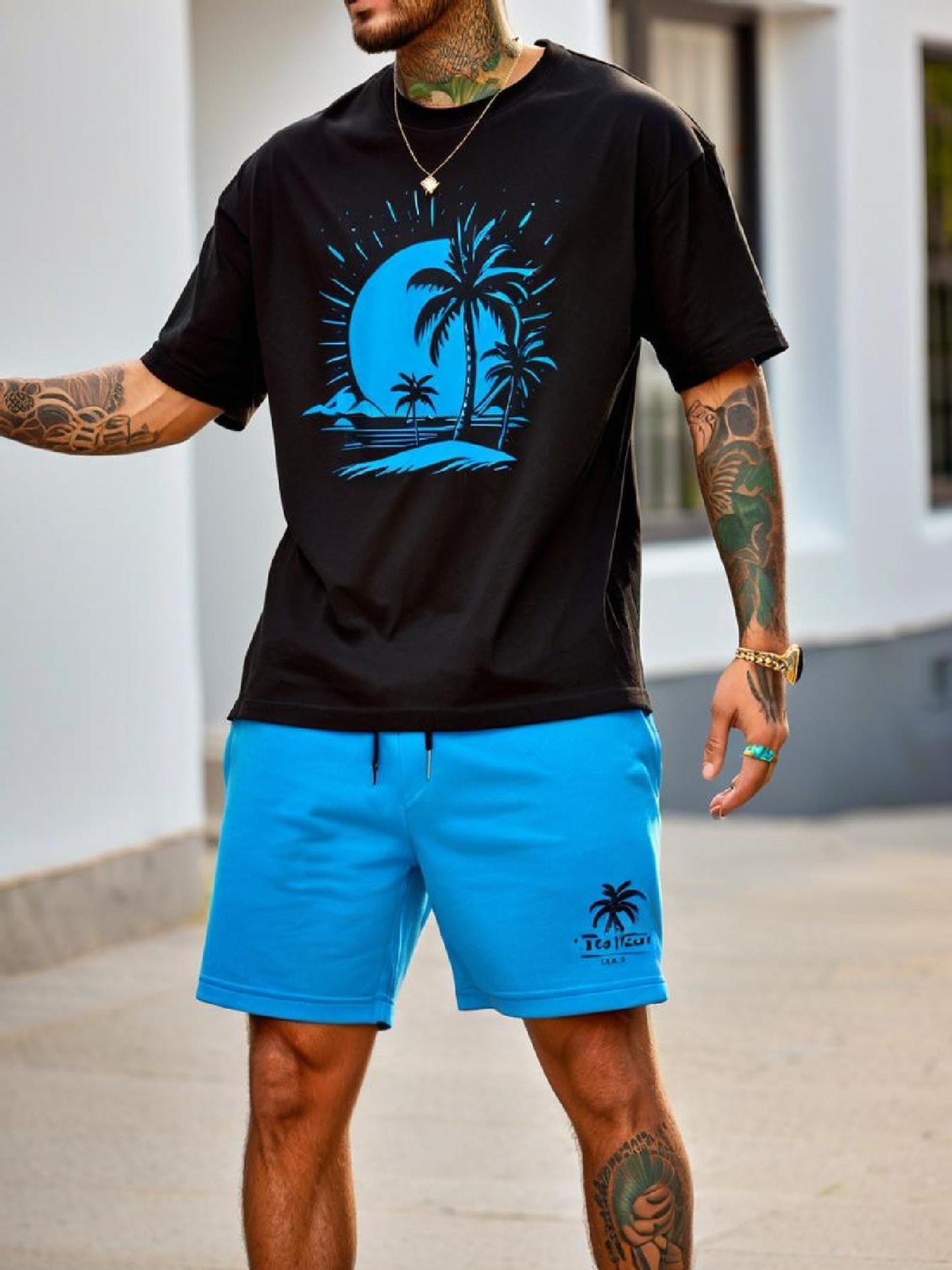 Men'S Casual Cotton T-Shirt+Drawstring Shorts with Tropical Palm Tree And Crescent Pattern, Short Sleeves, Round Neck - Perfect for Summer Activities