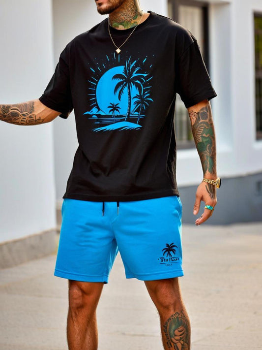 Men'S Casual Cotton T-Shirt+Drawstring Shorts with Tropical Palm Tree And Crescent Pattern, Short Sleeves, Round Neck - Perfect for Summer Activities