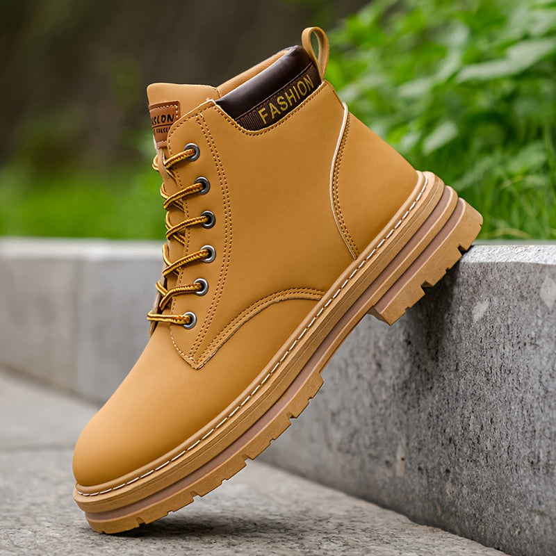 [Heavy-Duty Work Boots] Men's Heavy-Duty Work Boots - All-Terrain Non-Slip PVC Sole, Lace-Up Ankle Support Boots for Construction, Hiking, Outdoor - Cushioned Insole & Easy-Clean Synthetic - All-Season Industrial & Casual Sho