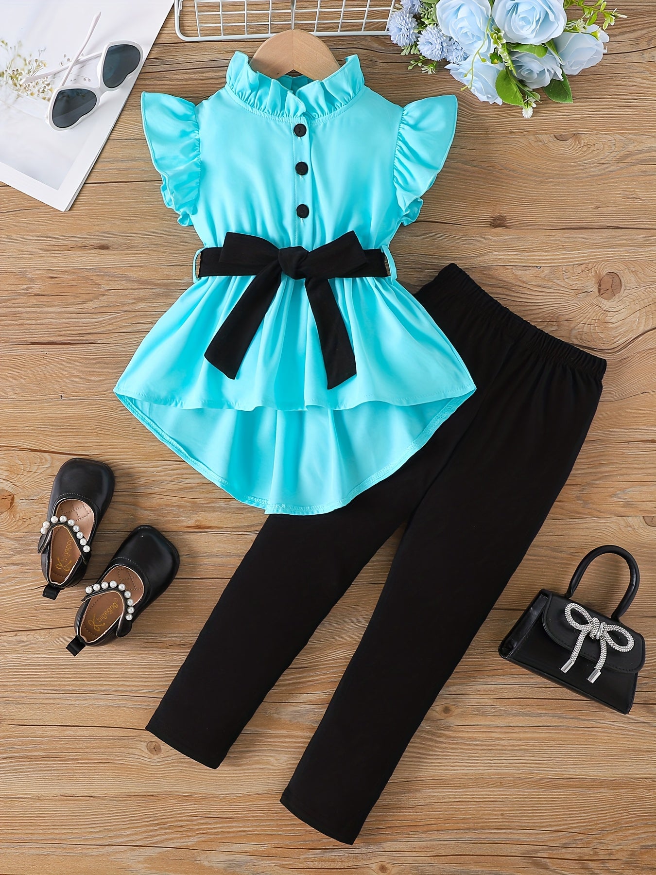 Outdoor Two-Piece Set for Girls, Fashionable Spring/Summer Contrast Belt Flutter Sleeve Half Cardigan with Tie-Waist and Peplum Backless Top + Long Pants, Perfect for Outdoor