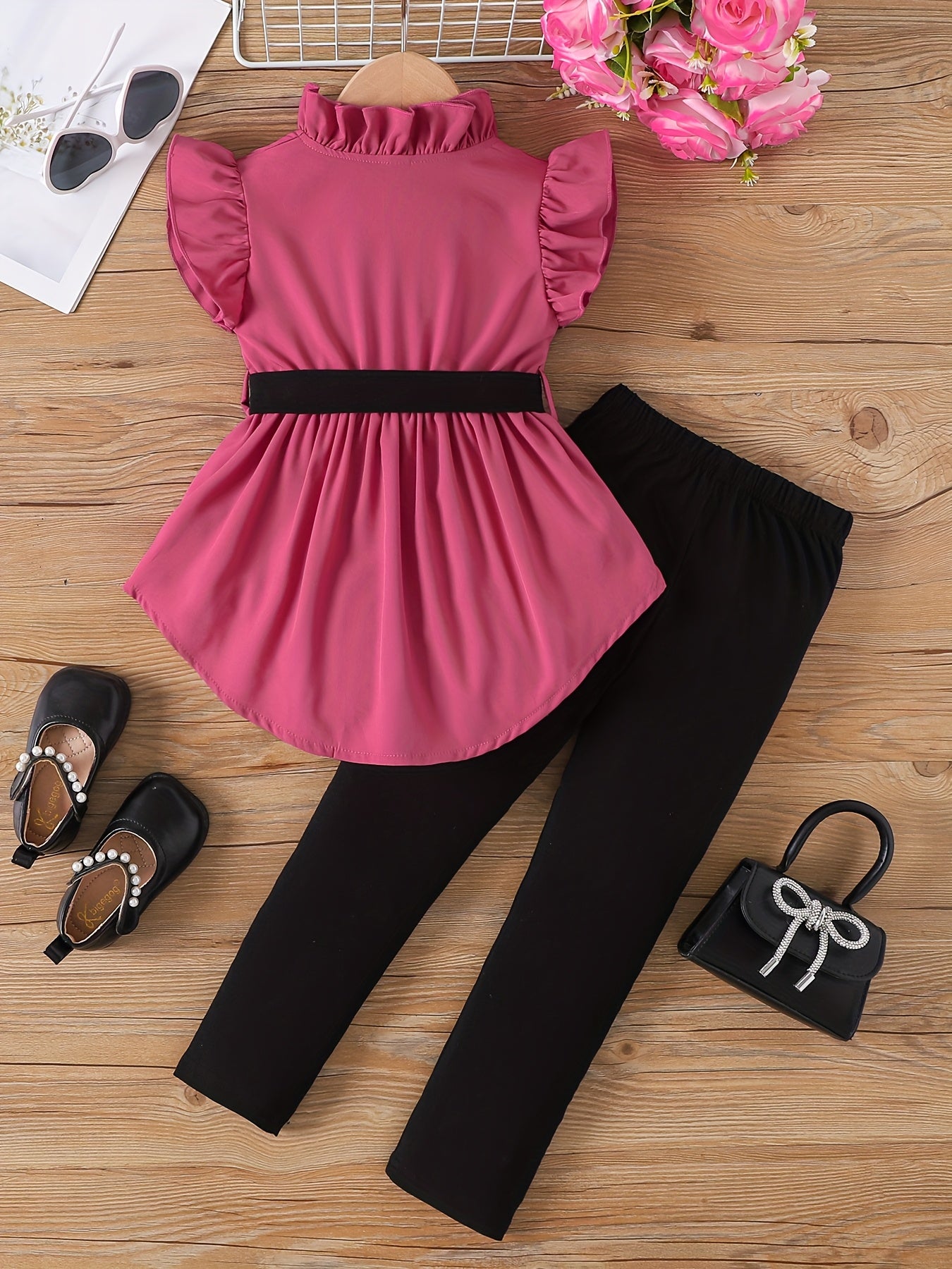 Outdoor Two-Piece Set for Girls, Fashionable Spring/Summer Contrast Belt Flutter Sleeve Half Cardigan with Tie-Waist and Peplum Backless Top + Long Pants, Perfect for Outdoor