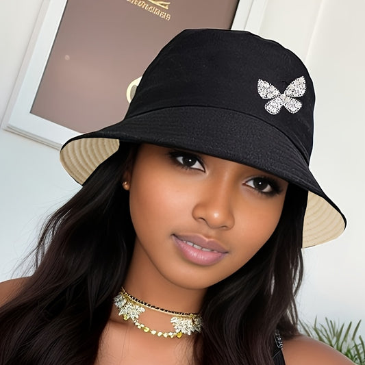 A Stylish And Versatile Bucket Hat Adorned with Rhinestone Butterflies, Lightweight And Washable - Perfect for Outdoor Female Travel, Everyday Wear, And Street Style