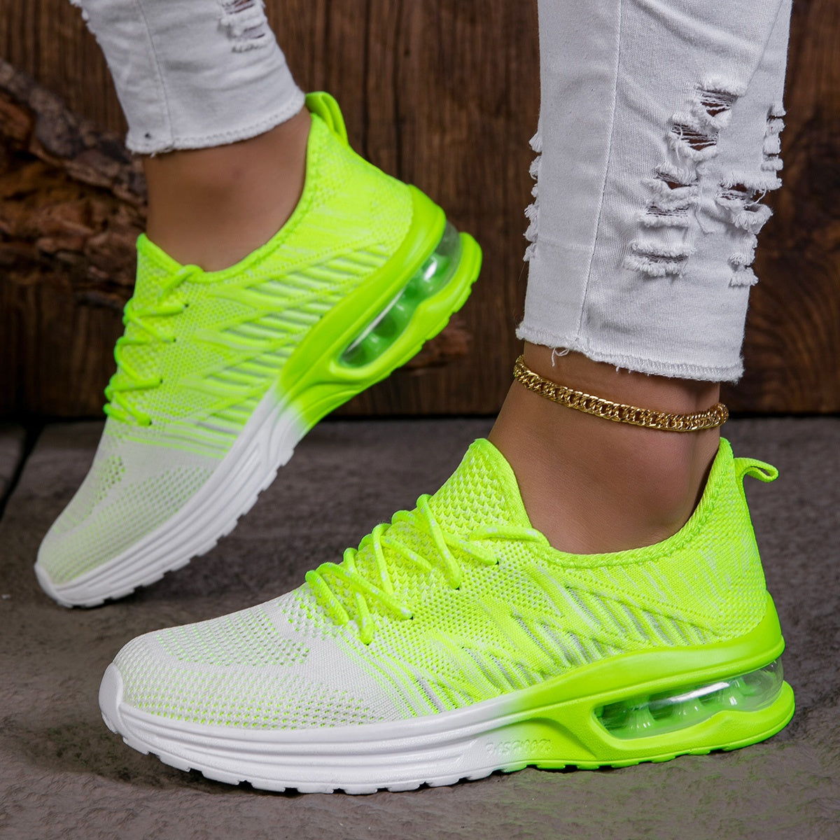 Women's Summer White-to-Green Gradient Breathable Mesh Running Shoes - Lightweight Anti-Slip PU Sole, Airy Knit Upper, Thick Cushioned Comfort for Walking, Travel & Casual Wear | All-Season Lace-Up Sneakers with Shock-Absorbi