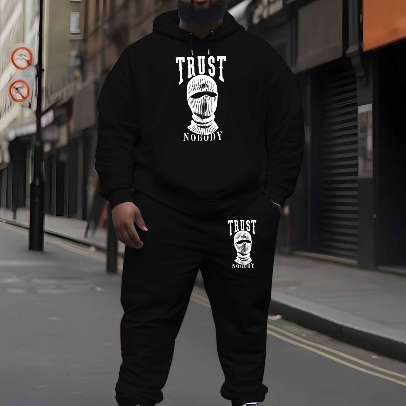 Trust Nobody Men's Large Size Autumn and Winter Hooded Sweatshirt Set New Men's Trendy Printed Drawstring Hoodie Casual Sports Top Set, PLUS SIZE