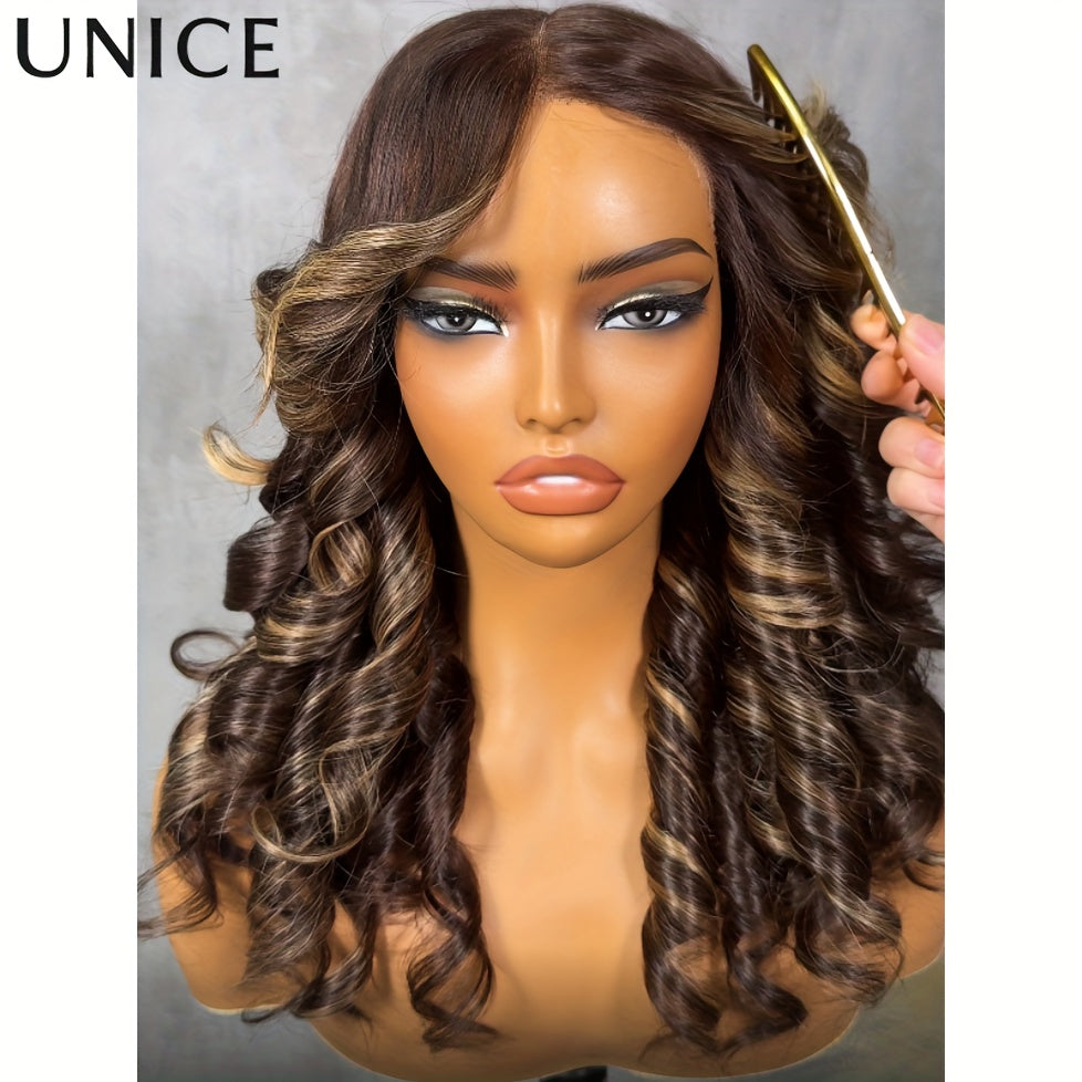 Unice Bye-Bye Knots 7x5 Lace Human Hair Wig - Glueless Hair System with Chocolate Brown & Blonde Highlights, 150% Density Loose Wave Frontal, Pre-Plucked Hairline/Cut Lace, Adjustable Fit for Men & ( for all Sizes)
