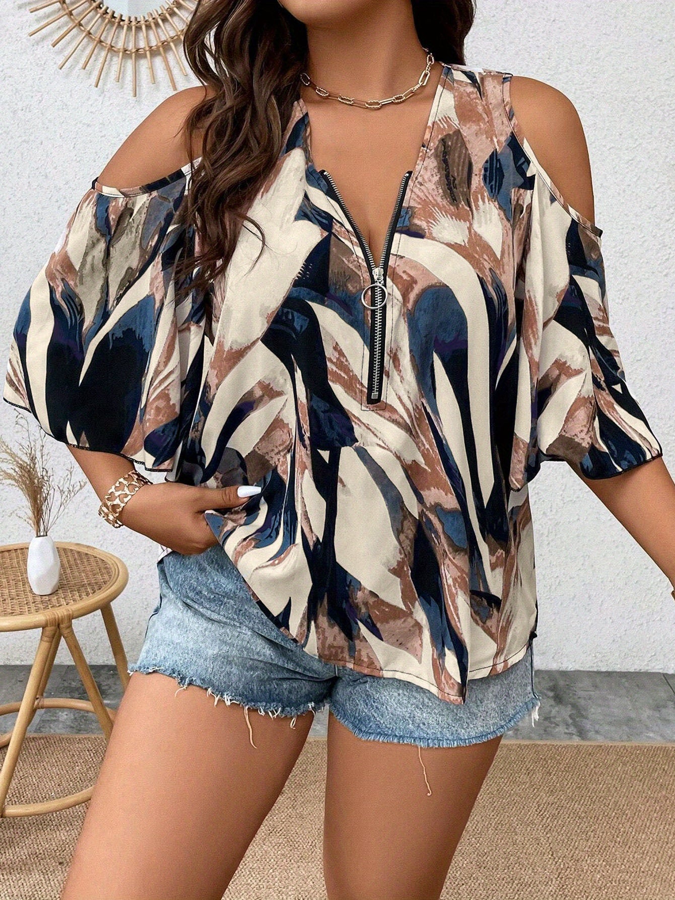 [Plus Size V-Neck Shirt] Plus Size Women's Summer V-Neck Shirt | Off Shoulder, Seven Quarter Sleeve, Front Zipper | Casual Vacation Top