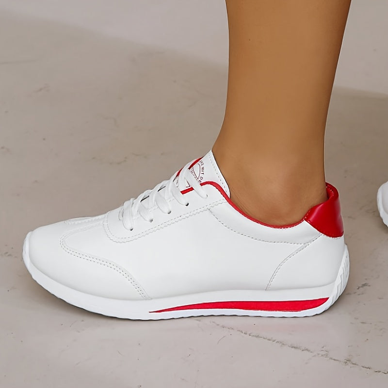Women's Sneakers, Lace-Up Low-Top with Arch & Cushioned EVA Foam, -like Texture, White & Red Glossy Accent, All-Season Casual & Light Sports Shoes, Stylish White with Red Trim, White/Pink/Black Color Options, Korean Fashion-I