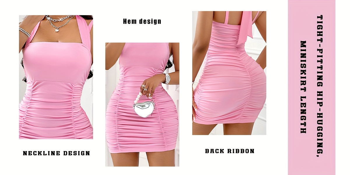 Elegant Women's Pink Halter Neck Ruched Bodycon Dress - Sexy Backless Design, Polyester And Elastane Blend, Perfect for Spring/Summer/Fall Events, Party Wear DressRuched ElegantShiny Texture
