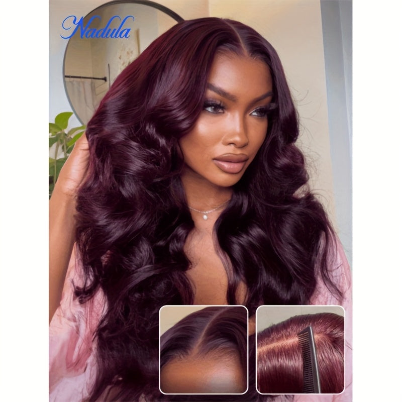 Nadula Lace Frontal Burgundy Plum Layer Cut Wavy Wig - Pre-Cut, Pre-Bleached, Pre-Plucked with Invisible Knots, Density, Loose Waves, Real Human Hair, Unisex Adult