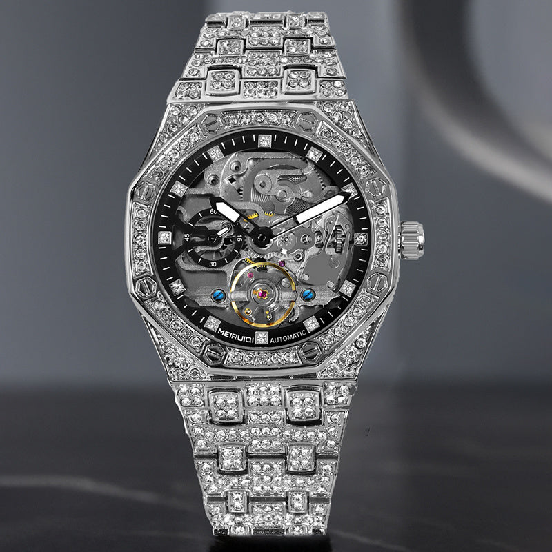 1pc Men'S Luxury Starry Sky Tourbillon Automatic Mechanical Watch with Golden-Tone & Starry Night - Self-Winding Mechanical Movement, 40mm Large Face, Without Battery