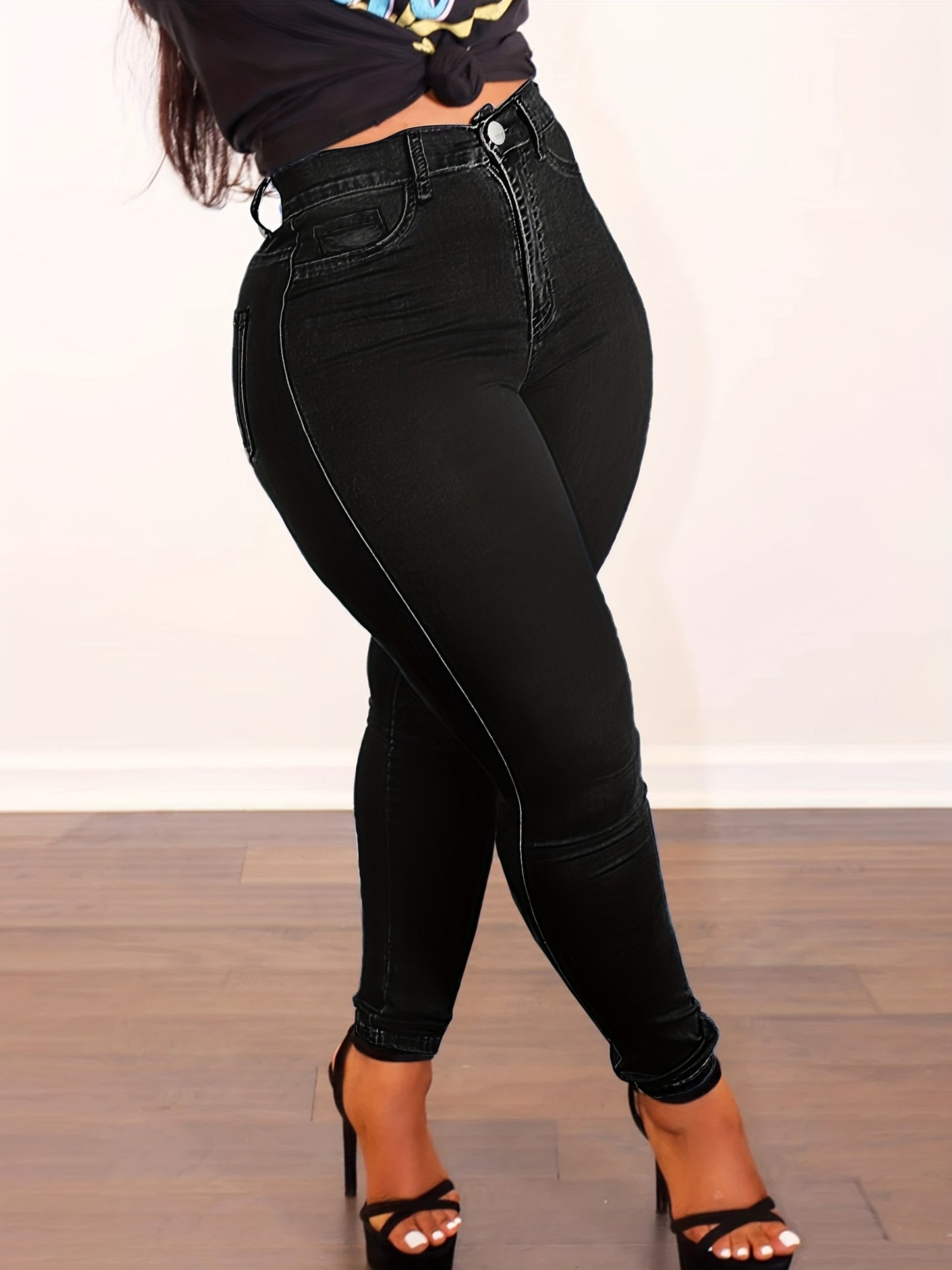 Women'S Plus Size Skinny Jeans - High-Waisted Stretchy Full-Length Denim Pants with Tummy Control, Built-In Zipper Closure & Pencil Leg - All-Season Comfort, Classic Washed Streetwear Style for Casual & Formal Outfits (Curvy-