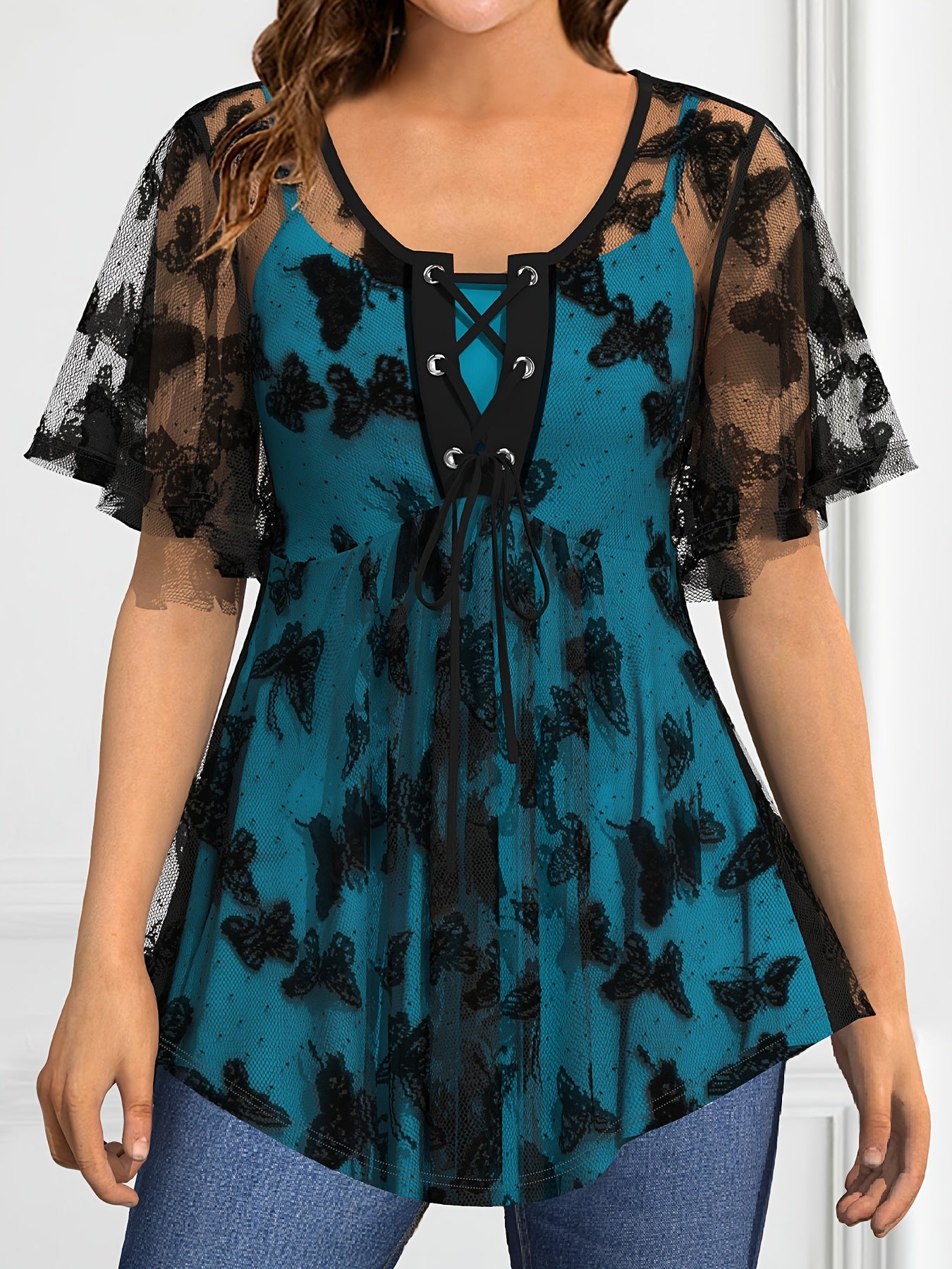 Plus Size Elegant Lace Up Butterfly Pattern Short Sleeve Top, Women's Clothing