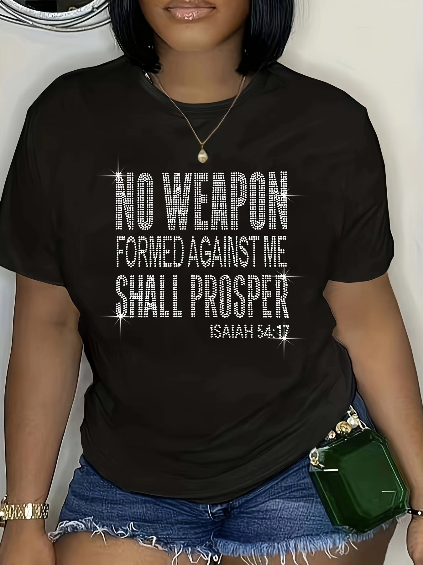 Women's Plus Size Inspirational Rhinestone T-Shirt - "No Weapon Formed Against Me Shall Prosper" (Isaiah 54:17) - Casual Crew Neck Short Sleeve Tee, Black with White Lettering, Glittery Design, Spring/Summer Fashion, Ladies T