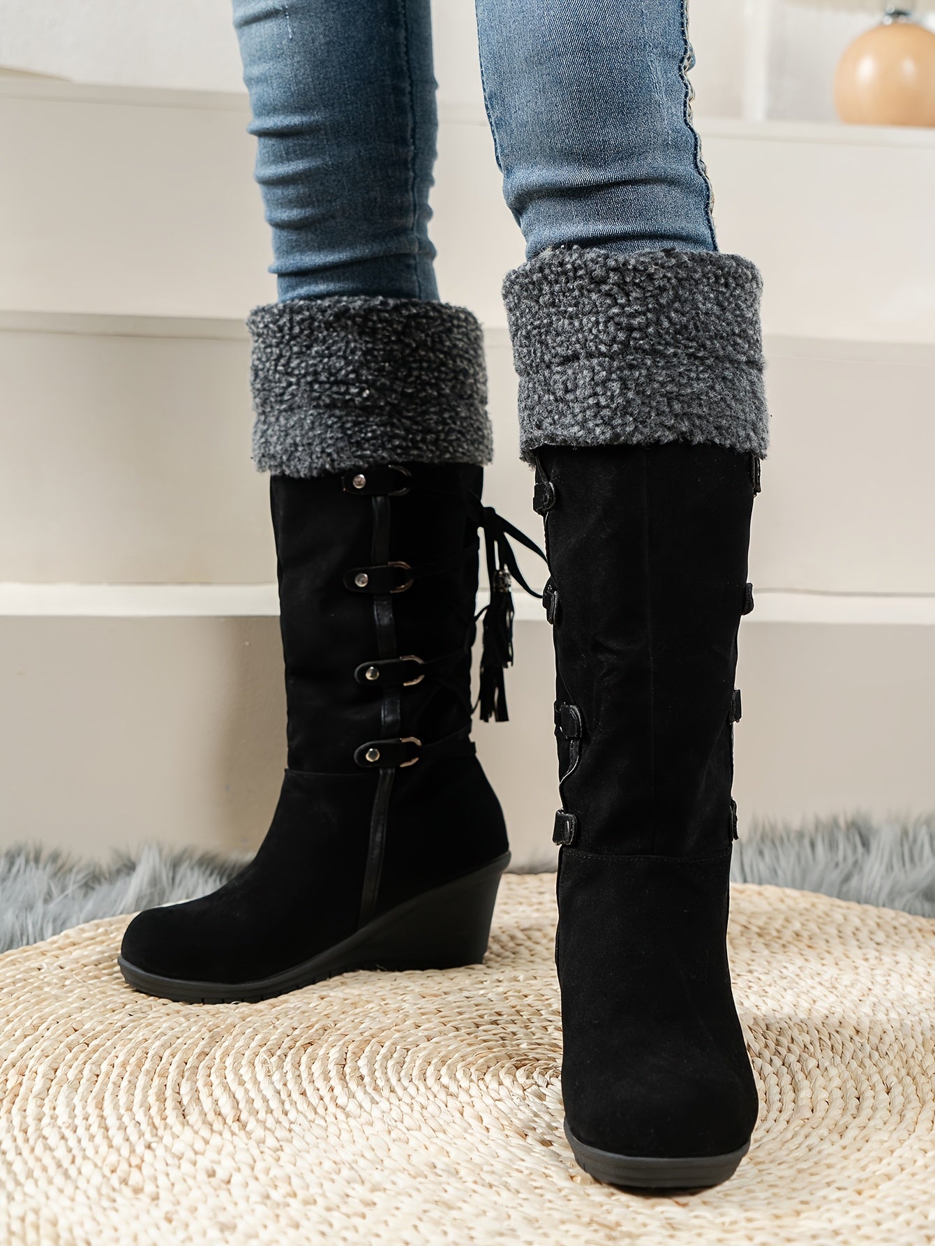 Women's Comfortable Black Mid-Calf Boots - Cozy Fabric Lining, Non-Slip Rubber Sole, Side Zipper, Tassel Accents for Stylish Winter Warmth