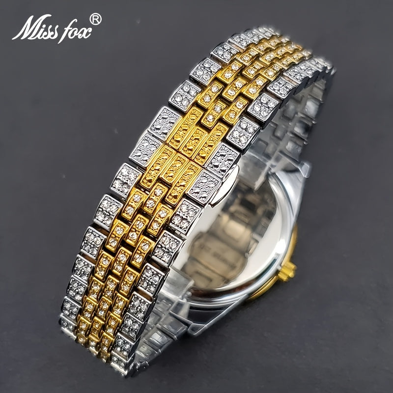 Men's Luxury Hip-Hop Watch with Sparkling Rhinestones, Quartz Movement & Date Calendar - Golden-Tone Metal -Accented Band, Battery-Powered for Parties, Dates, Valentine's Day Gifts, Hip Hop Jewelry, Date Night Watch, Rhinesto