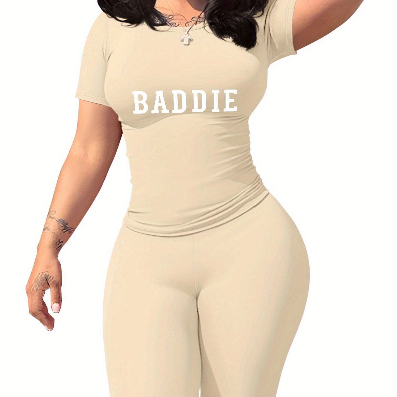 Baddie Women'S SlimFit TShirt and Shorts Set, Premium Baddie Lettering Print, Durable Baddie Graphic Design, Casual Baddie Style Fashion with Soft Fabric, Comfortable and LongLasting Baddie Trend., Allseason Apparel, Trendy O