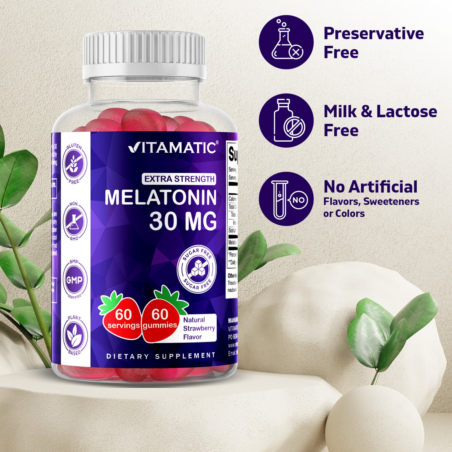 Vitamatic Sugar Free Melatonin 30mg per Gummy - 60 Servings - 60 Vegetarian Gummies - Non-Habit Forming Supplement 60 Count