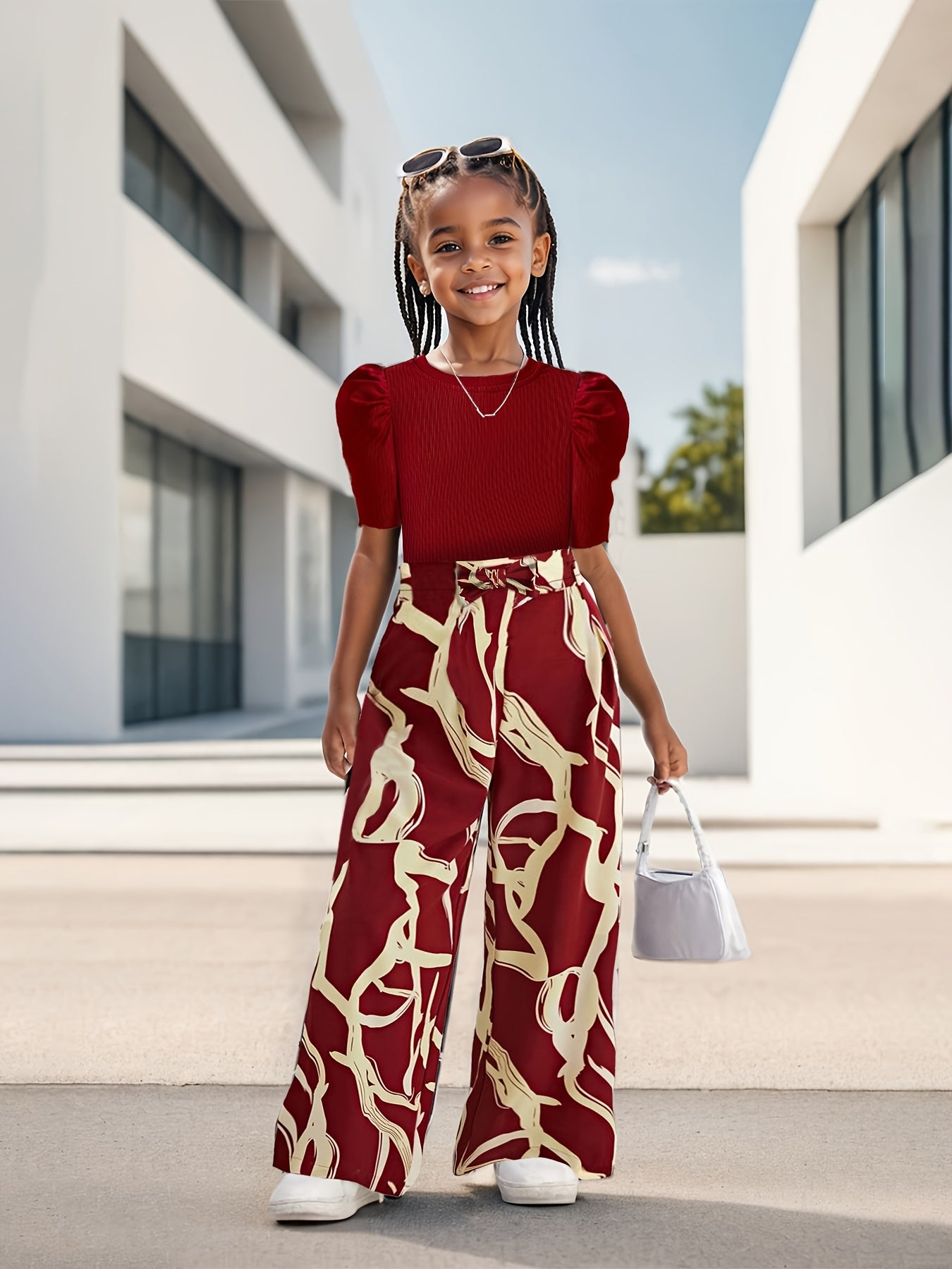 Bubble Sleeve Fashion Simple Top & Stylish Floral Print Wide Leg Pants, Girls' Long Trousers Set, Children's Casual Fashion Wide Leg Outfit Suitable for Ages 3 and Up, Perfect for Outdoor