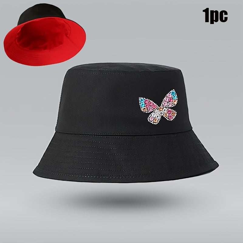 A Stylish And Versatile Bucket Hat Adorned with Rhinestone Butterflies, Lightweight And Washable - Perfect for Outdoor Female Travel, Everyday Wear, And Street Style