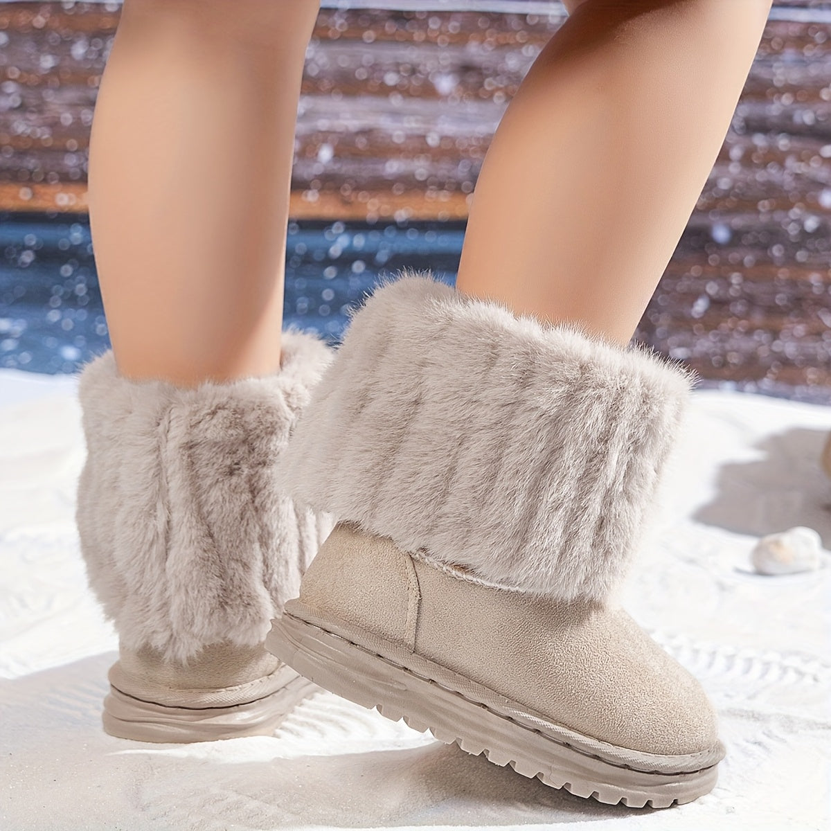 Girls' Winter Warm Slip-Resistant Mid-Calf Boots With Thick Rubber Sole & Plush Collar - Beige Round Toe Snow Boots With Heart Cutouts, Soft Fabric Upper For Outdoor Play, Casual Casual Attire Beige, Pink, Blue, Black - Cozy