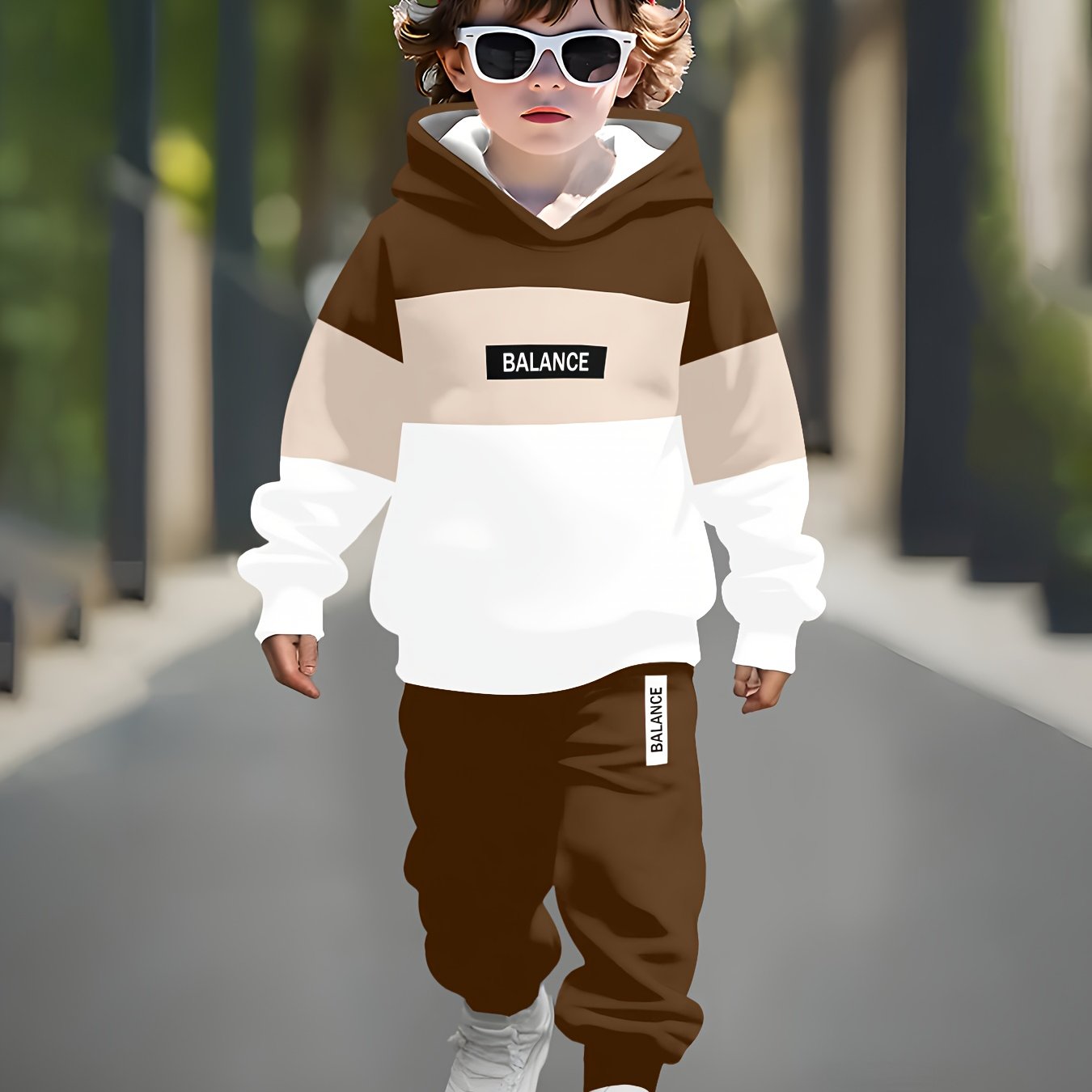 Boys' 3D Print Hoodie & Sweatpants Set - Casual Long Sleeve Pullover with "BALANCE" Graphic, Brown & White Striped Design, Elastic Waistband, Perfect for Spring/Fall Outdoor Play, Boy Hoodie, Playful Graphic Hoodie, Comfortab