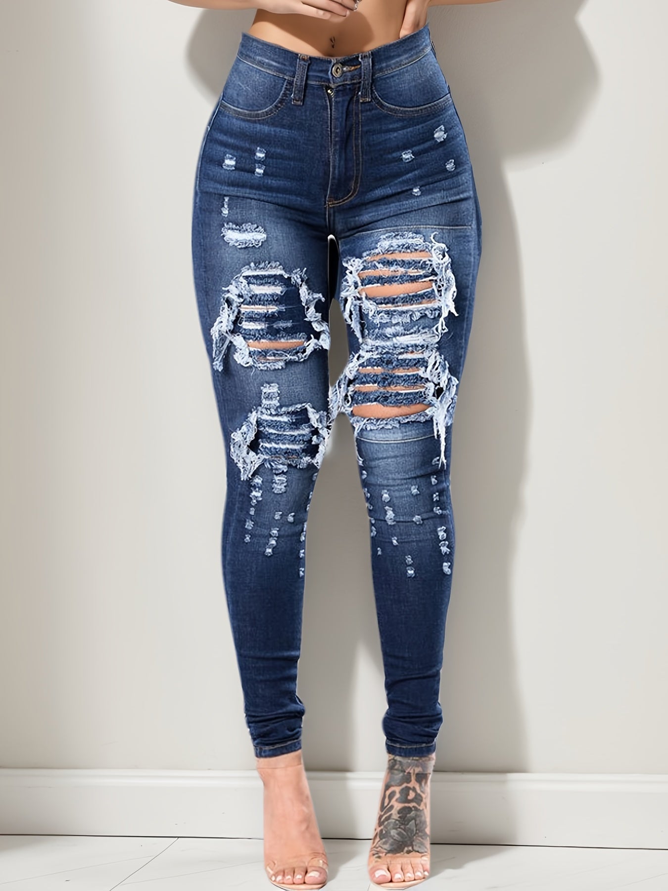 Ripped High Waisted High Stretch Tight Jeans, Comfortable Casual Jeans, Suitable For Daily Wear, Women's Jeans And Clothing