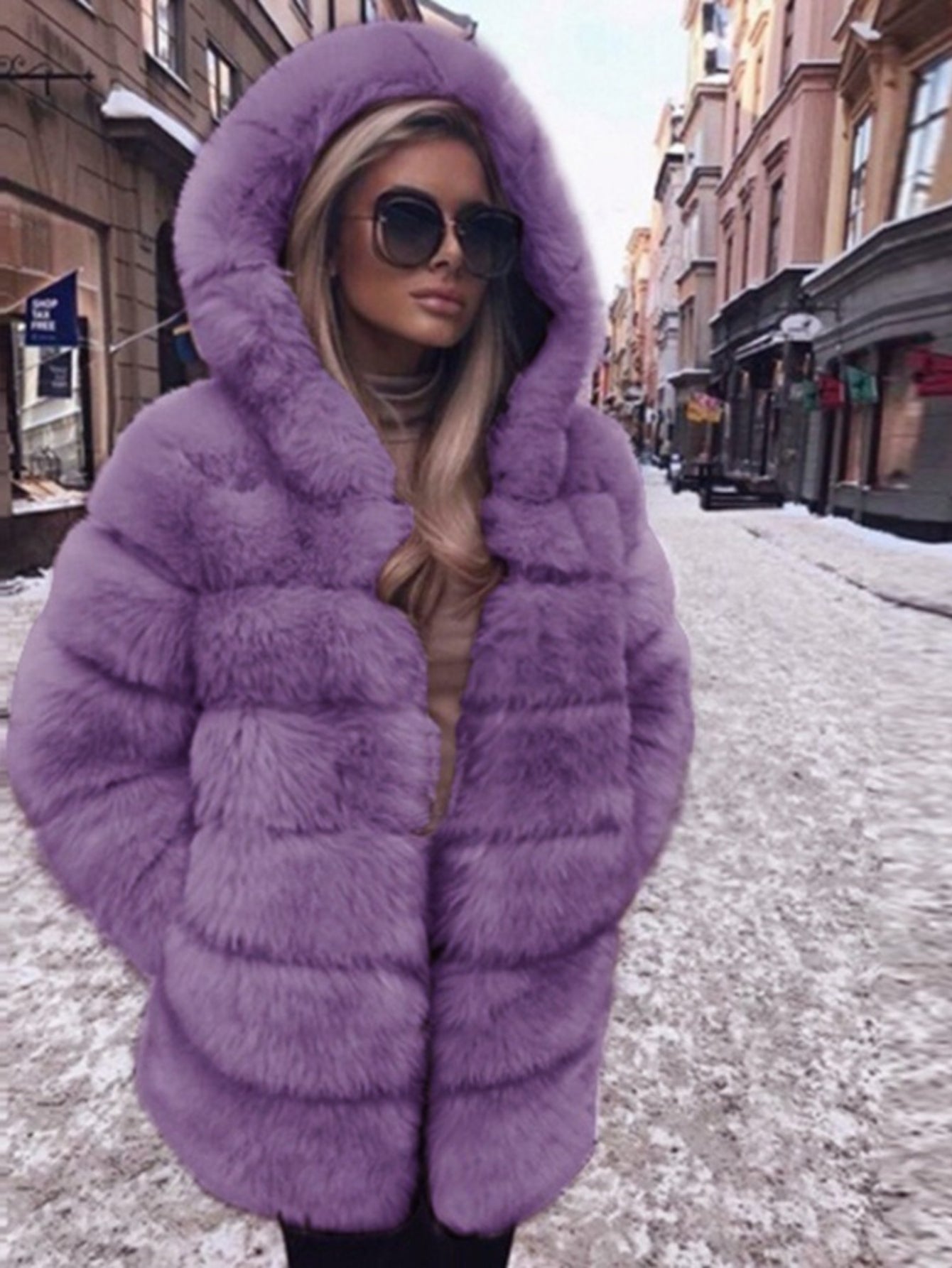 Plus Size, HERTALK Women's Plus Size Pink Faux Fox Fur Coat - Hooded Winter Jacket with Collar, H-Line Silhouette & Full-Length Hem Slit - Luxurious Imitation Fur Outerwear (Pink/) - Machine Washable