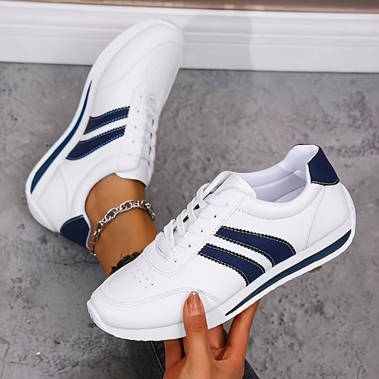 Women's White & Navy Blue Low-Top Sneakers - Soft Cushioned Sole, PU Cover Upper, Lace-Up Round Toe - All-Season Comfortable Walking Shoes (Wide Widths Available) - Casual & Sneakers for, Casual Attire, Shoes For Women, Train