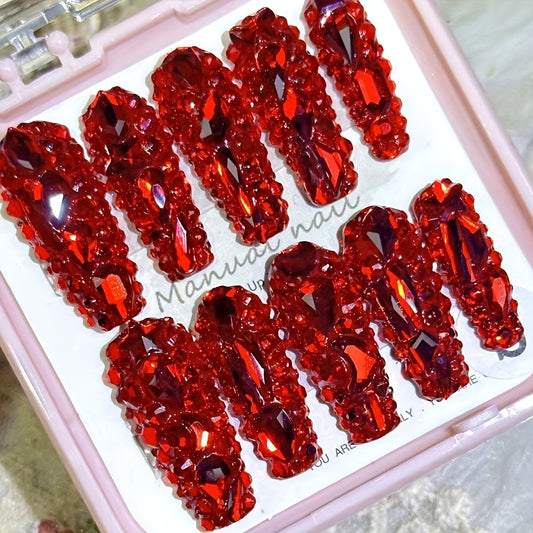 Set of 10 Red Burst Flash Rhinestones, Adorned with Diamonds, Featuring a Trapezoid Shape in a Spice -Inspired Handmade Design, Durable And High-Quality for Removable Nail Art.