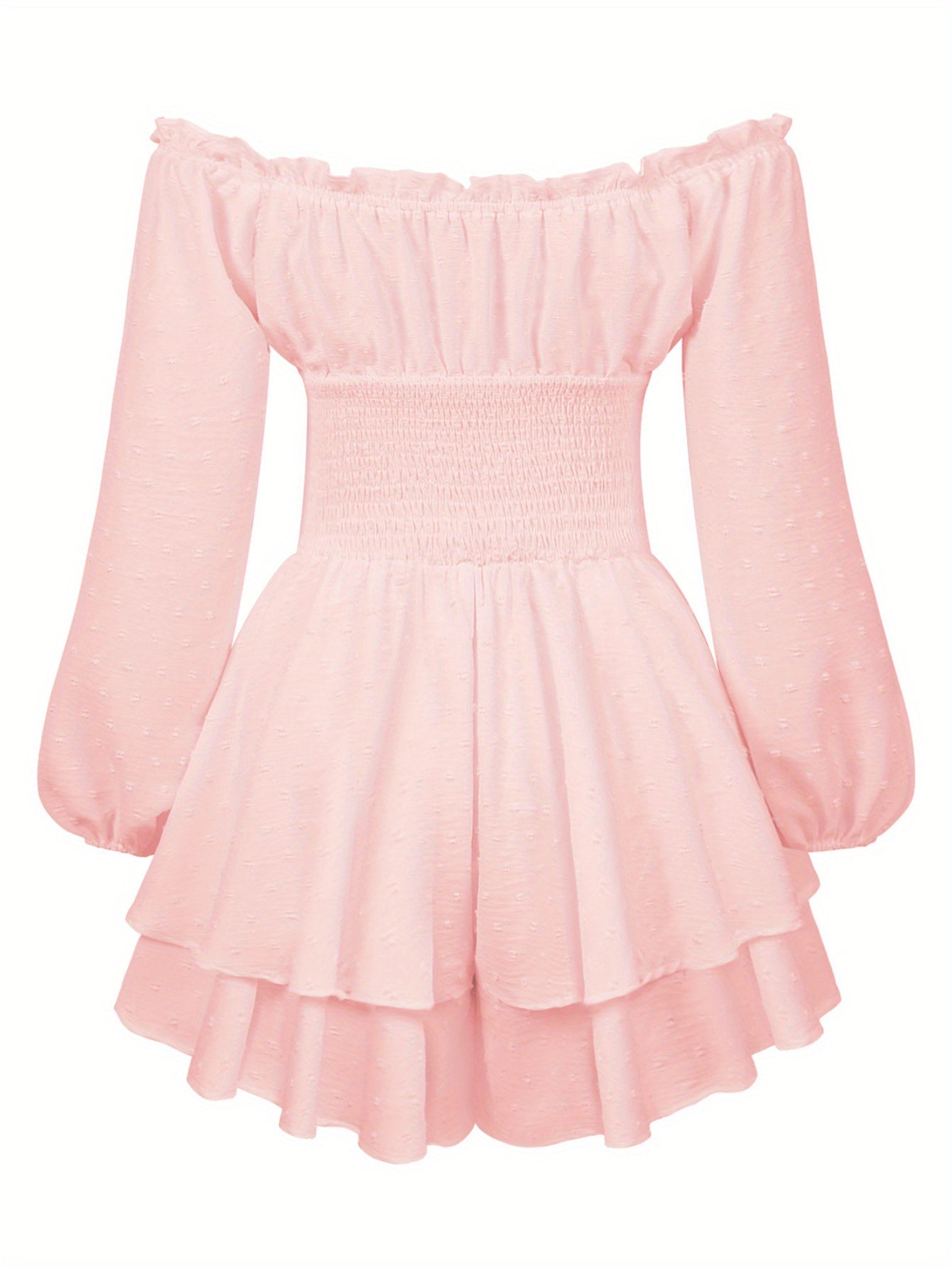 Vintage Y2K Women's Romper - Off-Shoulder, Ruffle, Long Sleeve, Light Pink Polyester, Pleated Waist, Spring/Summer Retro Style