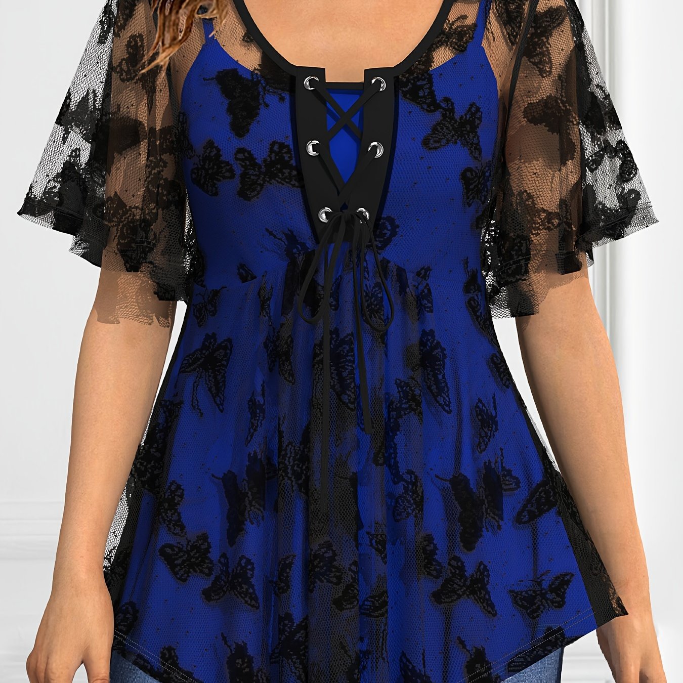 Plus Size Elegant Lace Up Butterfly Pattern Short Sleeve Top, Women's Clothing