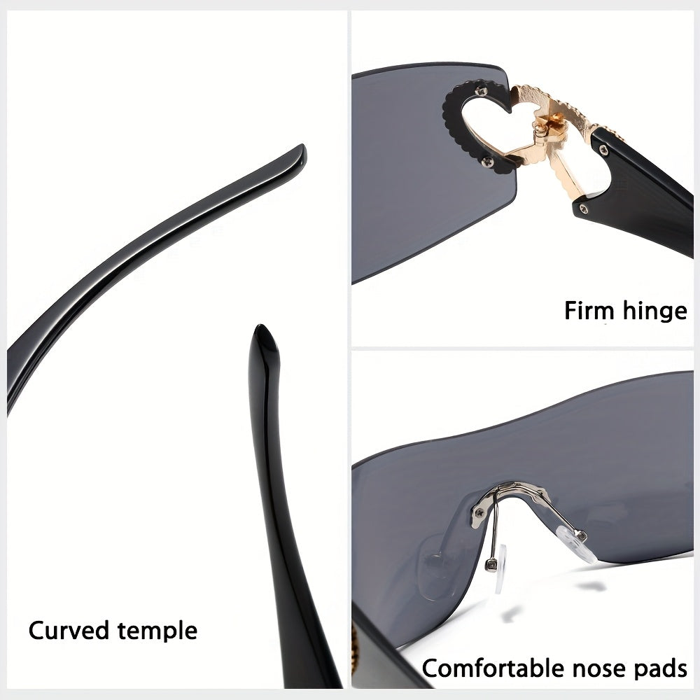 Y2K Heart-Shaped Fashion Glasses for Women - Lightweight Frameless Hollow Design with Rose Golden Heart Decoration, Dark Lenses, Stylish & Protective, Perfect for Fashion Accessories, Fashion Glasses