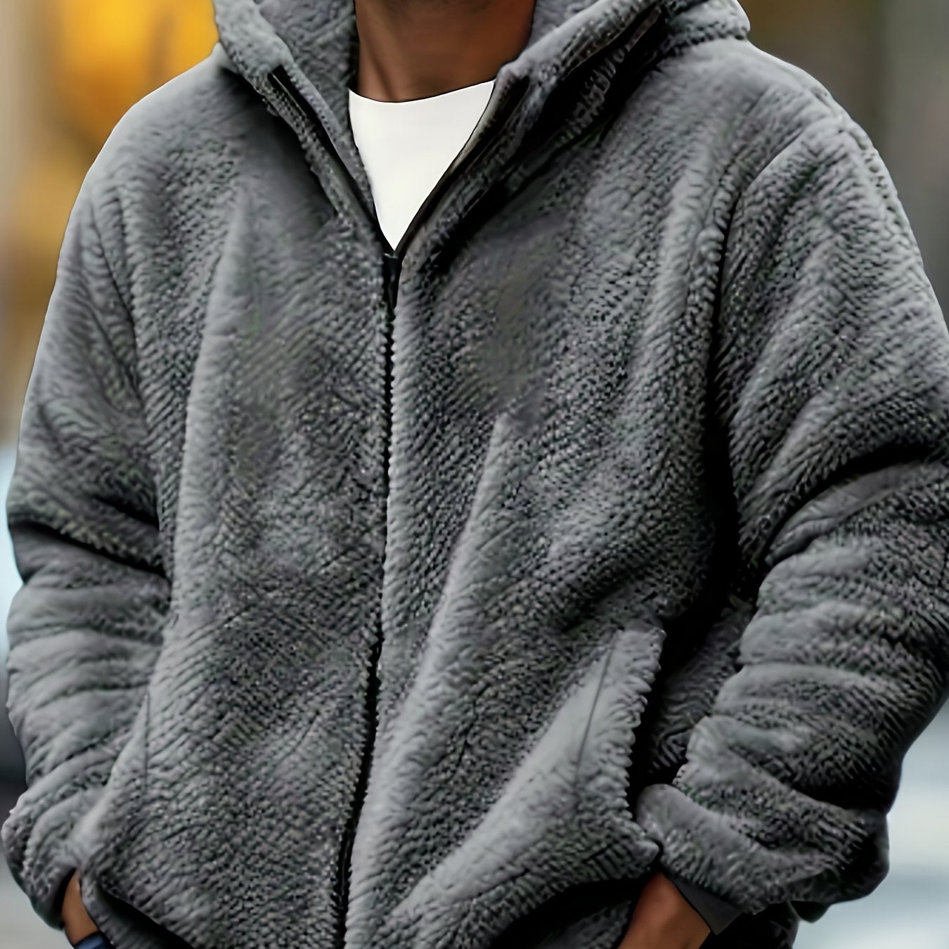 Men's Plush Jacket with Hood - Coral Fleece-Like Outer, Full-Zip Winter Warm Coat, Machine Washable, Pockets & Adjustable Hood, Casual Outerwear for Fall/Winter (No Bulk) - Ideal for Cold Weather (OBM