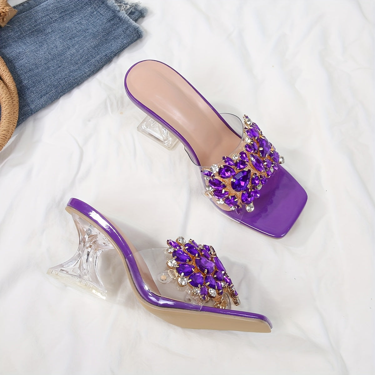 New Women'S High-Heeled Sandals with Transparent Crystal Heels And Rhinestone Embellishments, Perfect for Upscale Parties And Weddings.